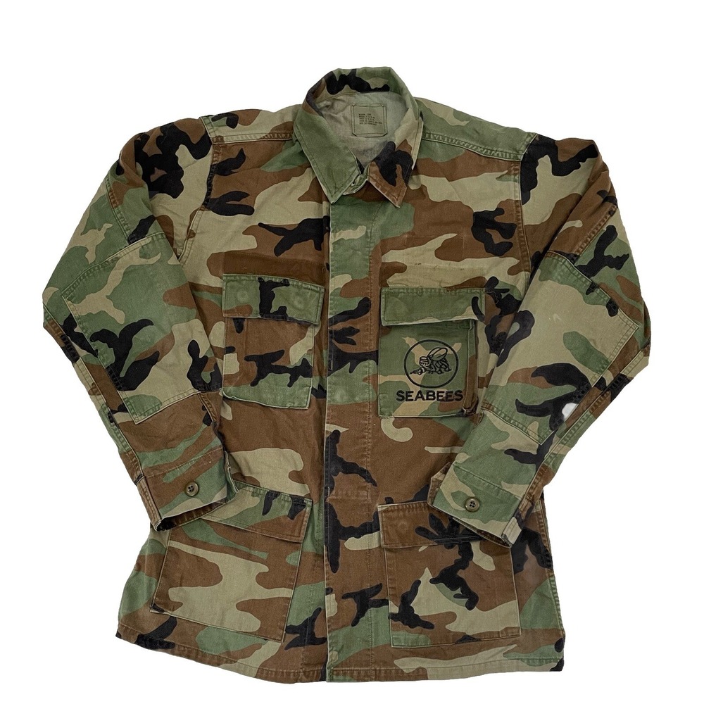 Vintage US Military Navy Seabees Field Jacket Woodland Camo Size Medium Long